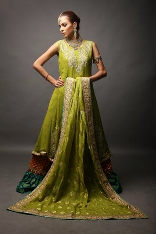 Buy Pakistani Clothes - Mendi Green Bridal Wear Gharara