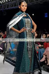 Bluish Green Embroidered Center Panel Pishwas Flappers Dupatta