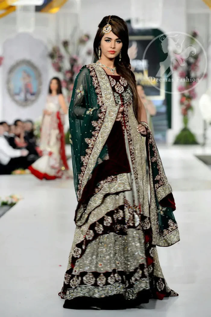 Fawn Front Open Back Trail Gown - Embroidered Lehenga - Bottle Green Dupatta