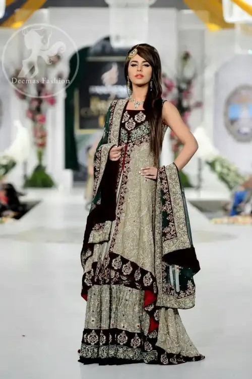 Fawn Heavy Bridal Lehnga - Bottle Green Dupatta and Front Open Gown with inner Velvet Bodice and Velvet Dupatta Back