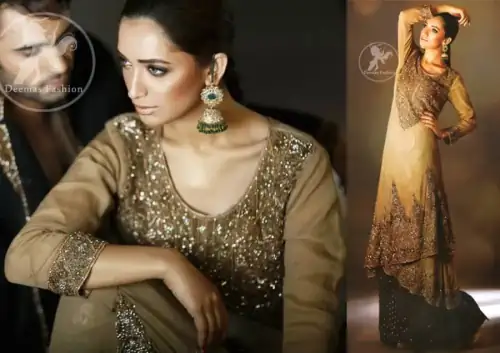 Light Fawn Double Layer Shirt Sharara Light fawn double layer shirt has embroidered neckline