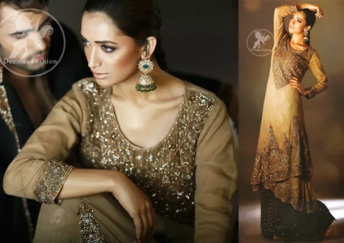 Light Fawn Double Layer Shirt Sharara Light fawn double layer shirt has embroidered neckline