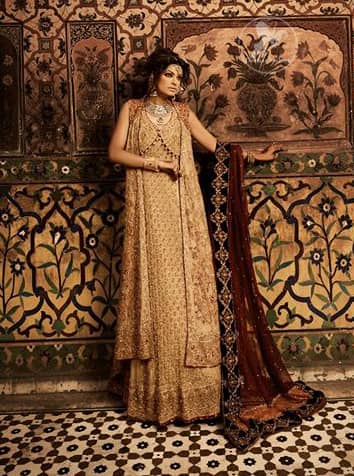 Light Gold Double Layer Gown and Lehnga with Maroon Dupatta for Barat