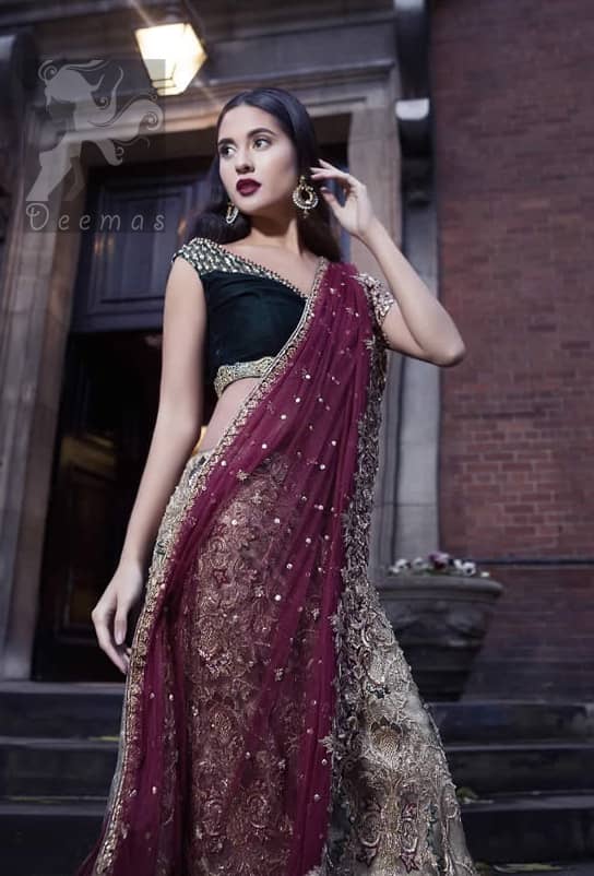 Black Velvet Blouse With Fawn Embroidered Skirt And Deep Red Dupatta For Bridal Day