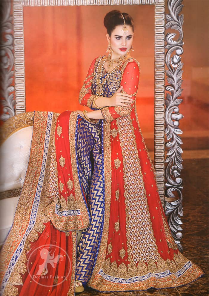 Bright Red Front Open Gown with Dupatta - Royal Blue Banarsi Shirt - Sharara