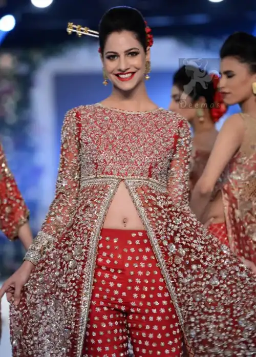 Latest Bright Red Fully Embroidered Bridal Gown 2016 With Capri Pants