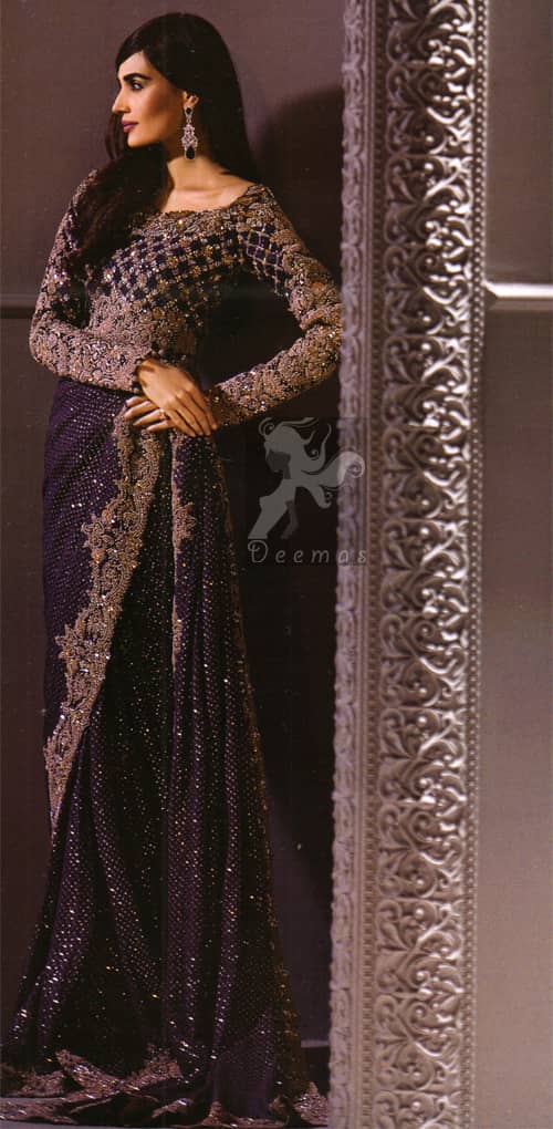 Dark Purple Designer Wear Embroidered Saree