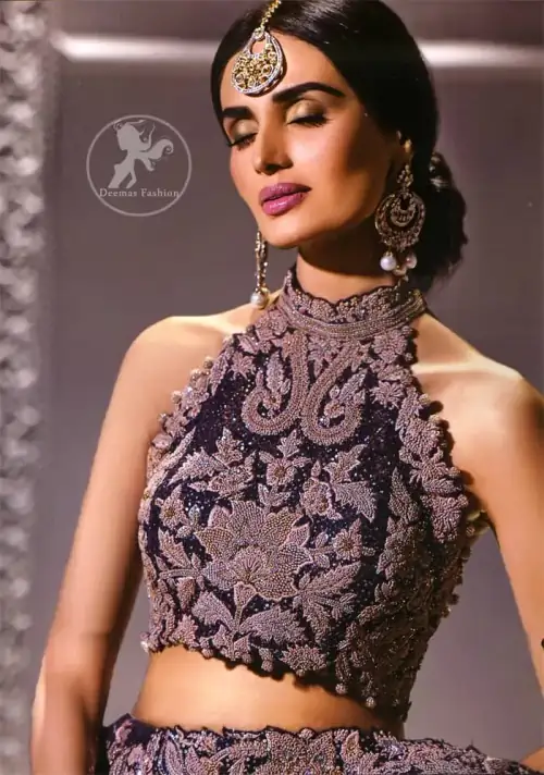 Dark Purple Bridal Blouse Lehenga Embroidered Dupatta