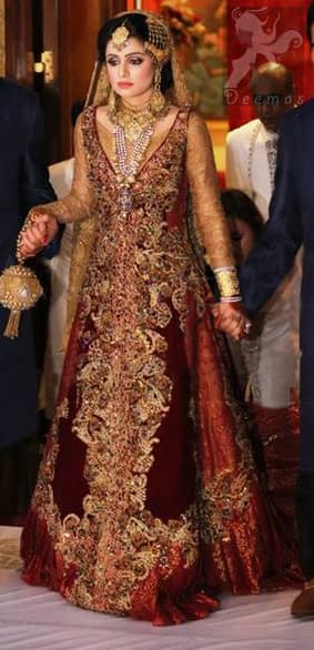 Golden and Deep Red Double Layer Front Open Long Bridal Wear 2016