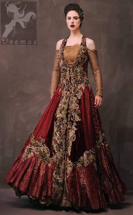 Latest Designer Wear Deep Red and Golden Double Layer Front Open Long Bridal Dress
