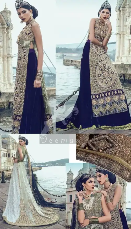 Latest Designer Wear 2016 Mehndi Green Long Shirt With Dark Purple Back Trail Lehenga