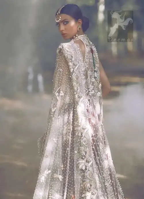 Latest Designer Wear Ivory White Bridal Blouse with Gown, Dupatta and Deep Red Lehenga