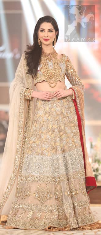 Bridal Embroidered Dupatta with Ivory White Fawn Blouse and Lehenga during Fashion Show