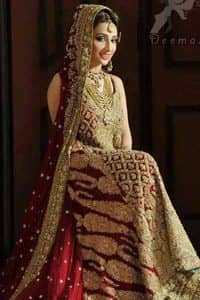 Latest Designer Wear Bridal Outfit 2016 Deep Red Heavy Back Trail Shirt and Dupatta With Light Golden Lehenga