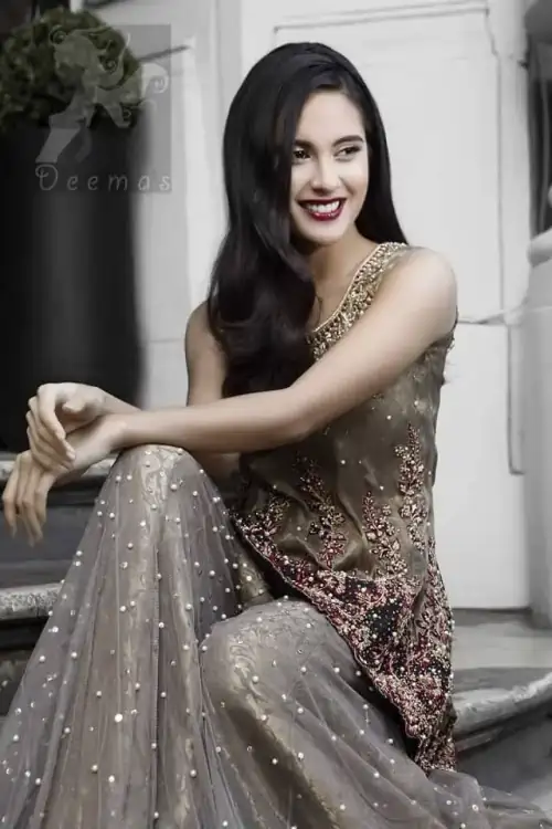 Grayish brown self jamawar shirt, net sharara