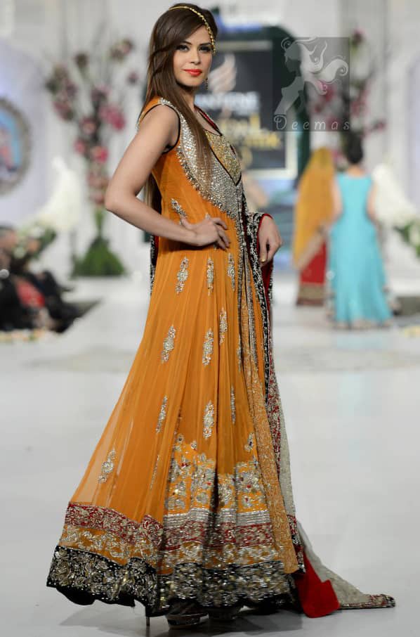 Latest Orange Mehndi Wear Front Open Gown Dupatta