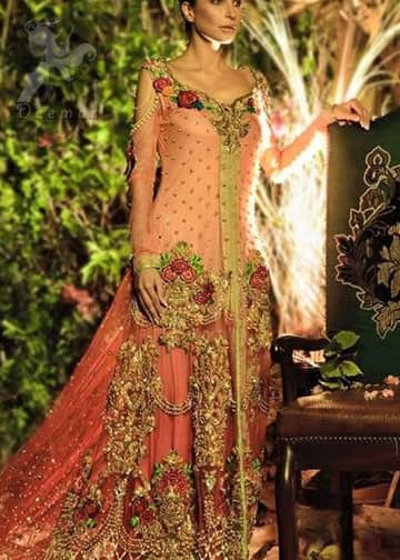 Pakistani Bridal Wear Triple Tone Back Trail Gown