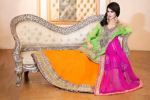 Pakistani Mehndi Wear Bright Green Shirt Orange Lehenga Pink Dupatta 2016