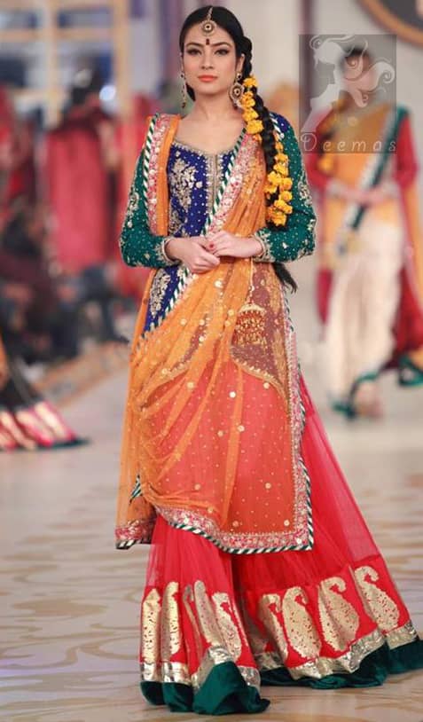 Royal Blue - Deep Orange - Red Mehndi Wear Dress