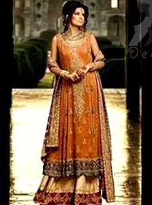 Rust A-line Bridal Frock with Fawn Sharara and Maroon Dupatta