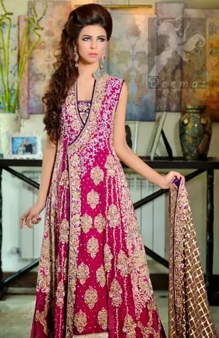Shocking Pink Light Brown Angrakha Maxi - Embroidered Dupatta