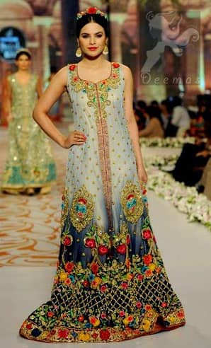 Triple Tone Multiple Colour Floral Embroidered Bridal Wear Designer Pishwas