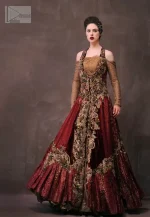 Deep Red Golden Double Layer Front Open Bridal Dress