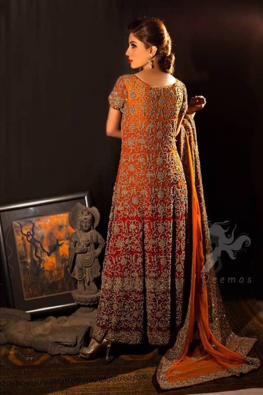 Traditional Bridal Dress Two Tone Deep Red And Orange Fully Embroiderd Long Dress and Dupatta