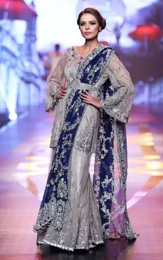 Silver Grey Bridal Dress - Short Shirt -Embroidered Sharara - Royal Blue Dupatta