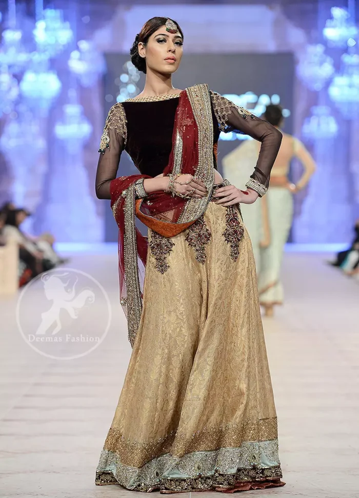 Dark Brown - Fawn- Deep Red Bridal Lehenga Choli