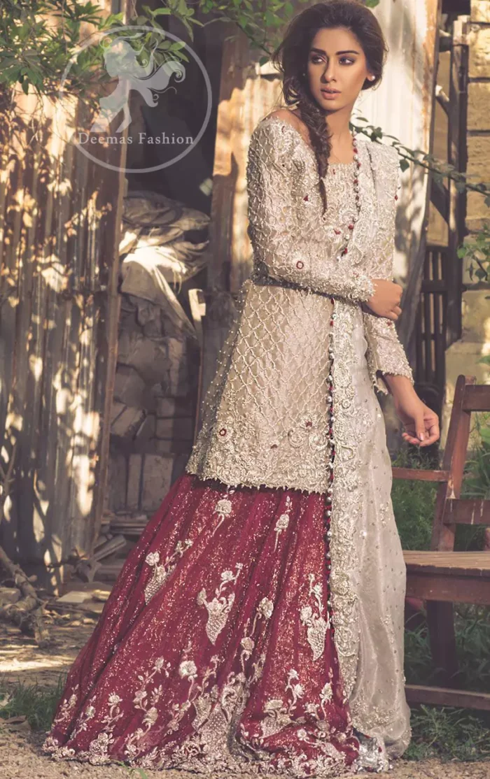 Fawn Bridal Wear Lehenga - Short Shirt - Dupatta - Deep Red Lehenga