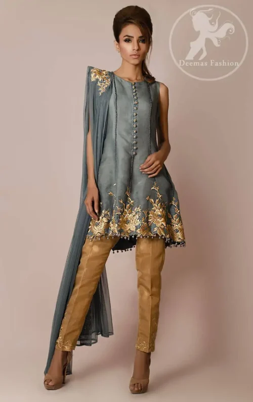Gray Short Frock - Dupatta - Golden Cigarette Pants
