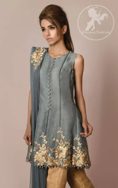 Gray Short Frock - Dupatta - Golden Cigarette Pants