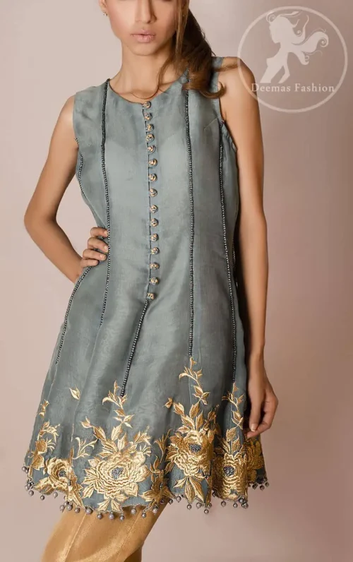 Gray Short Frock - Dupatta - Golden Cigarette Pants