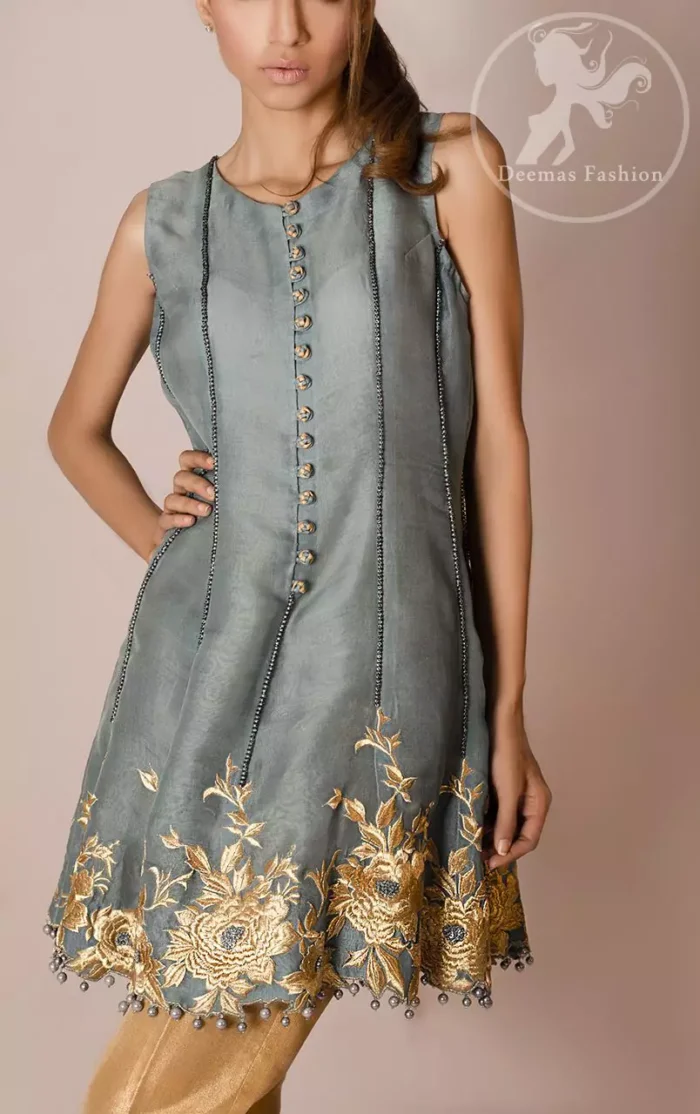 Gray Short Frock - Dupatta - Golden Cigarette Pants