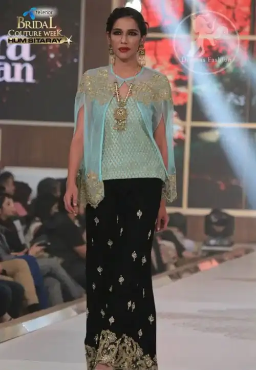 Designer Dress 2017 - Light Blue Party Wear Cape - Black Embroidered Palazzo