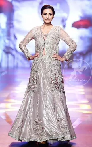 Bridal Collection - Silver Gray Front Open Gown - Embellished Lehenga