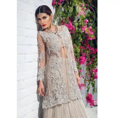 Beige Front Open Gown - Crushed Lehenga