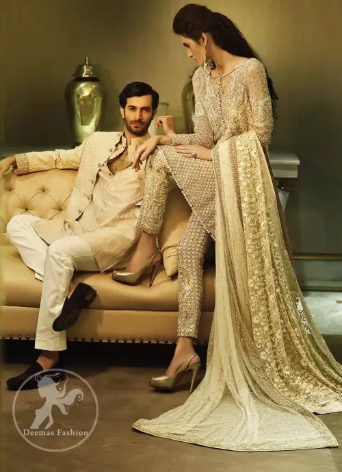 Beige Heavy Shirt - Cigarette Pants - Embroidered Dupatta