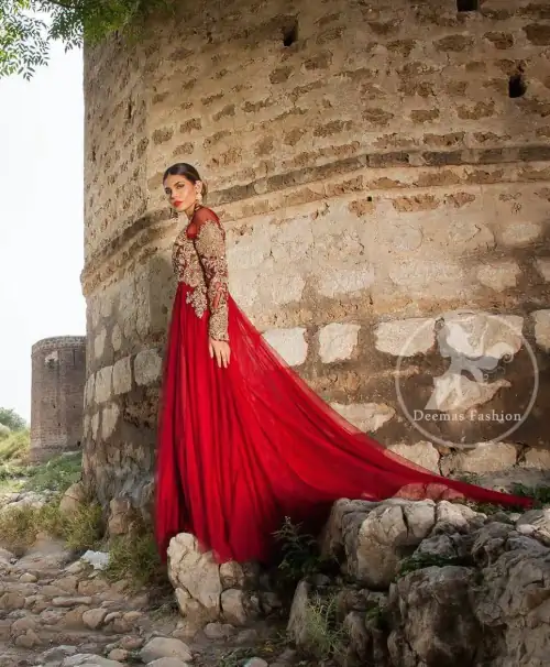 Bright Red Party Wear Embroidered Back Trail Maxi