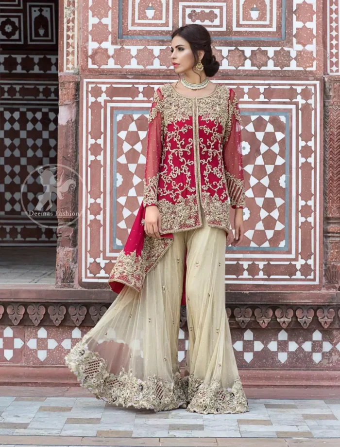 Deep Red Front Open Short Shirt - Beige Sharara