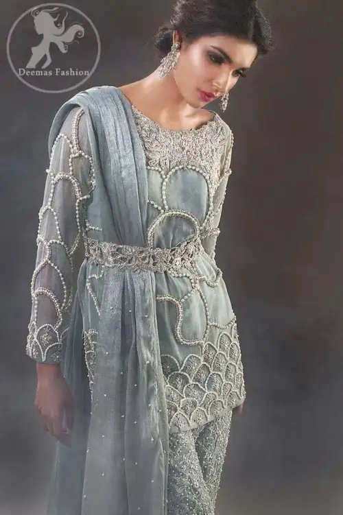 Grayish Short Shirt - Fully Embroidered Cigarette Pants