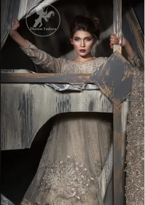 Light Fawn ALine Bridal Frock - Lehenga -Embroidered Dupatta