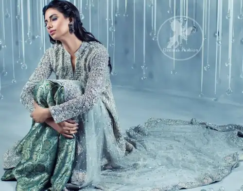 Light Green ALine Frock - Dark Green Brocade Lehenga