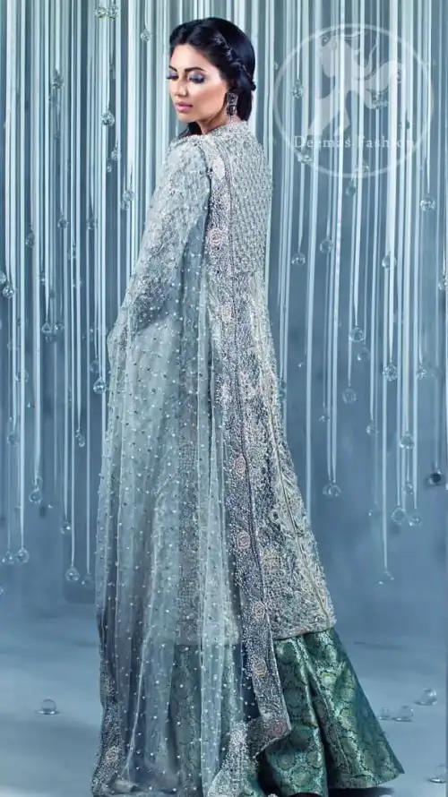 Light Green ALine Frock - Dark Green Brocade Lehenga