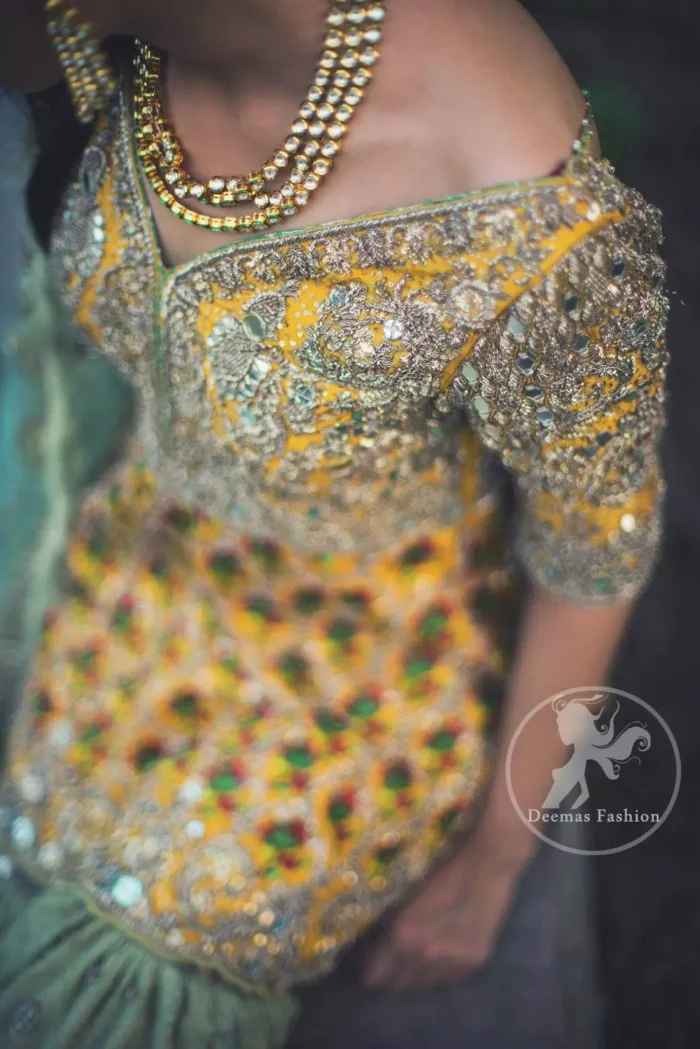 Mehndi Dress 2017 - Yellow Short Frock - Light Green Gharara
