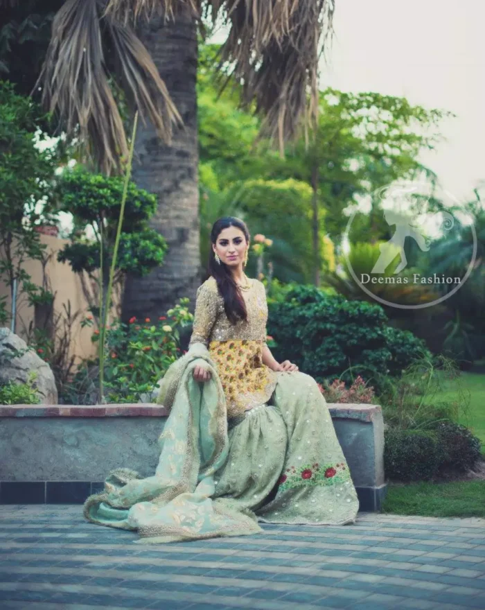 Mehndi Dress 2017 - Yellow Short Frock - Light Green Gharara