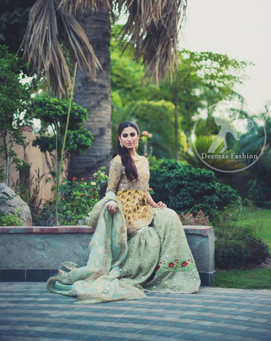 mehndi-dress-2016-yellow-short-frock-with-light-green-gharara-3