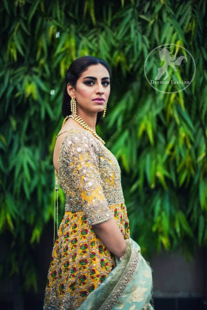 Mehndi Dress 2017 - Yellow Short Frock - Light Green Gharara