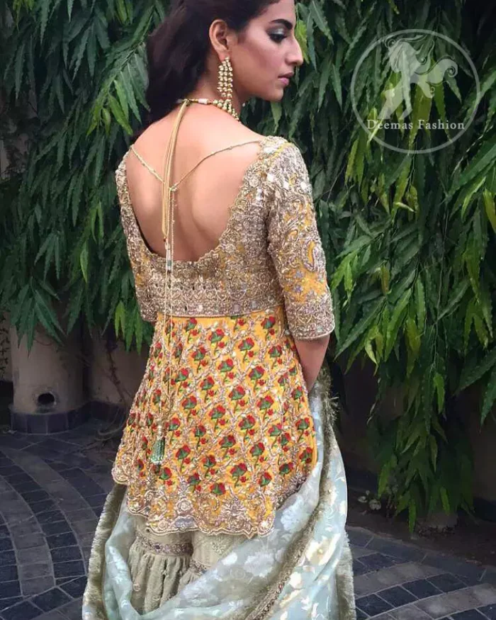 Mehndi Dress 2017 - Yellow Short Frock - Light Green Gharara